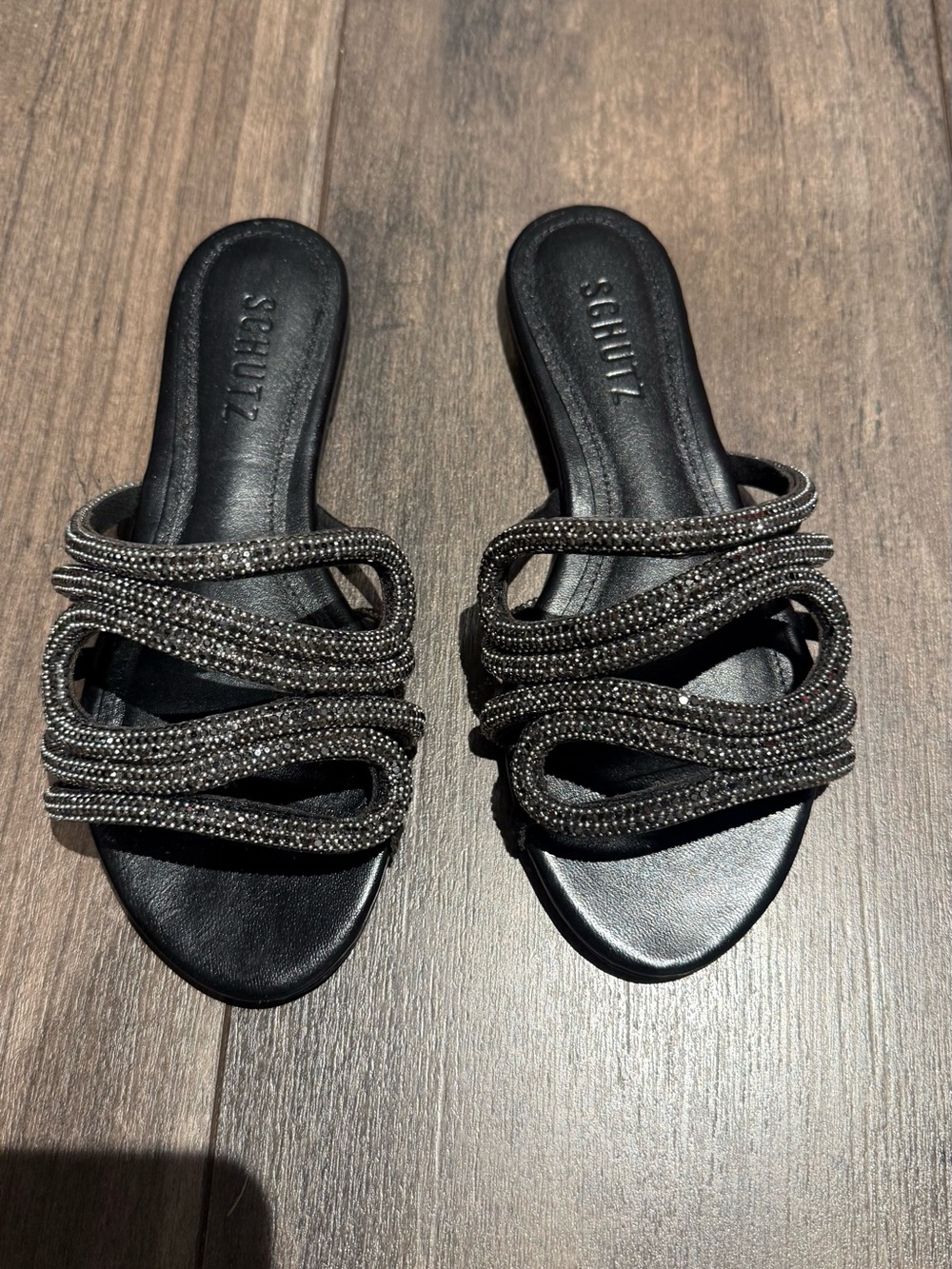 SCHUTZ Black Crystal-Strap Slide Mules